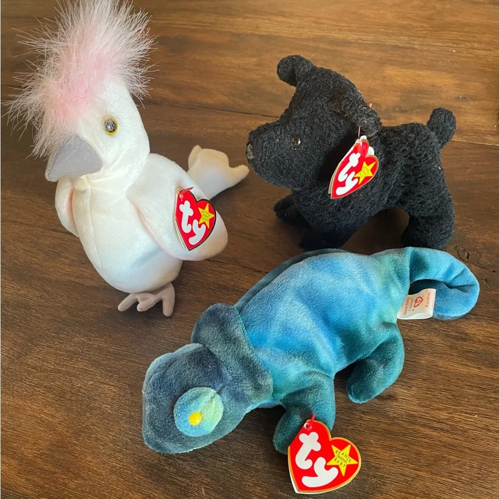 Ty Beanie Plush Trio - White & Pink Cockatoo, Blk Scottie, Blue-Green Chameleon
